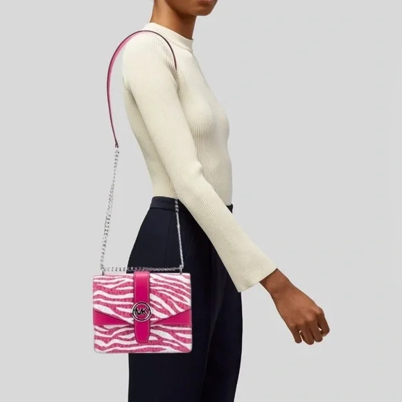 12 HR SALE❣️ NWT Michael Kors MK Pink & White Zebra Print Crossbody Shoulder Bag - Picture 5 of 9